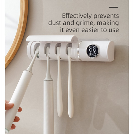 White 4-Slot Compact UV Toothbrush Sanitizer with Turbo Drying Fan & LCD Display - Anti-Dust Toothbrush Holder, 10-Minute One-Touch Deep Clean.