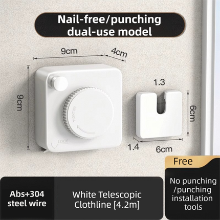 White 4.2M Heavy Duty Invisible Retractable Clothesline - Rustproof & Drill-Free Laundry Hanger with 20kg Load Capacity.