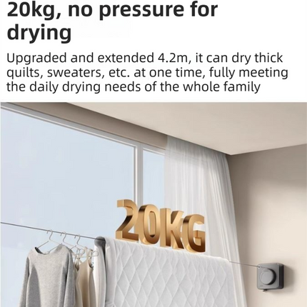 White 4.2M Heavy Duty Invisible Retractable Clothesline - Rustproof & Drill-Free Laundry Hanger with 20kg Load Capacity.