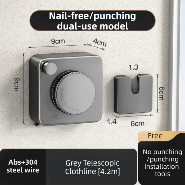 Grey 4.2M Heavy Duty Invisible Retractable Clothesline - Rustproof & Drill-Free Laundry Hanger with 20kg Load Capacity.