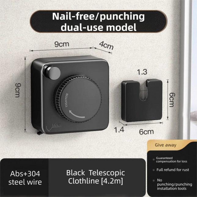 Black 4.2M Heavy Duty Invisible Retractable Clothesline - Rustproof & Drill-Free Laundry Hanger with 20kg Load Capacity.