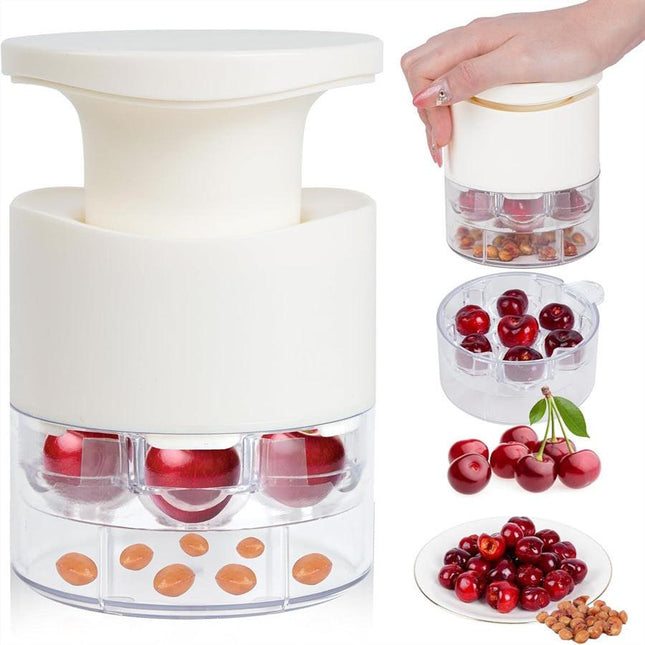 White Efficient 7-Hole Cherry Pitter Tool - Food Grade Push-Type Fruit Corer for Red Dates & Olives.