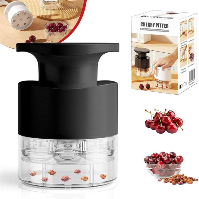 Black Efficient 7-Hole Cherry Pitter Tool - Food Grade Push-Type Fruit Corer for Red Dates & Olives.