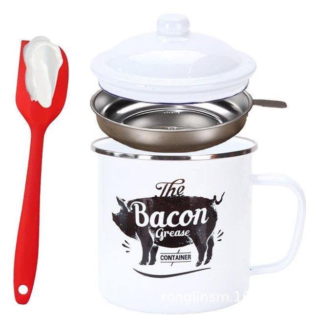 Retro 1200ML Enamel Lard Storage Jar - Acid & Alkali Resistant Oil Filter Pot with Fine Mesh Strainer & 17cm Scraping Spatula.