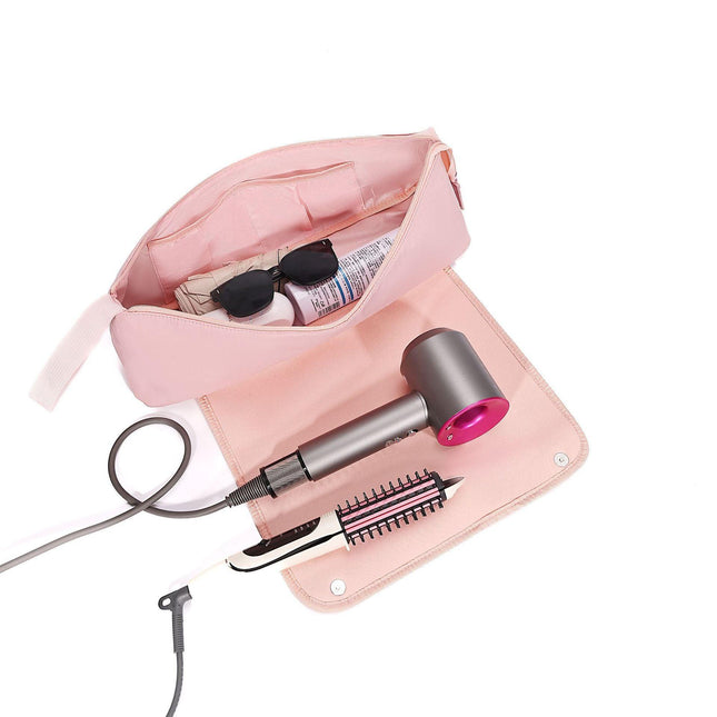 Pink Premium Insulated Roll-Up Travel Case for Hair Styling Tools & Blow Dryers with Muti-Pockets (18x5.5x5 Inch).
