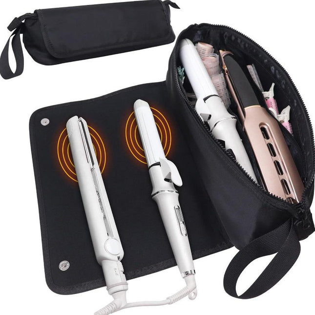 Black Premium Insulated Roll-Up Travel Case for Hair Styling Tools & Blow Dryers with Muti-Pockets (18x5.5x5 Inch).