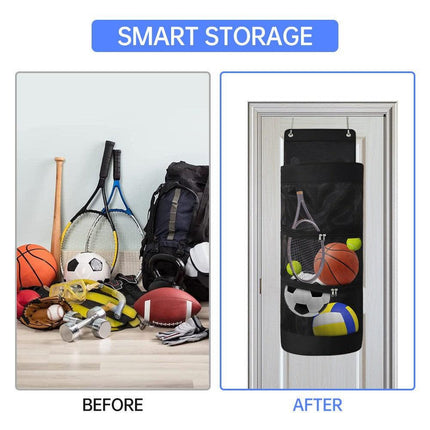 Over-the-Door Hanging Sports Gear Organizer With Zipper for Easy-Access to Bottom - Heavy-Duty Mesh Storage Bag for Balls & Kids' Toys.