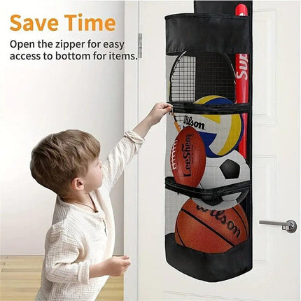 Over-the-Door Hanging Sports Gear Organizer With Zipper for Easy-Access to Bottom - Heavy-Duty Mesh Storage Bag for Balls & Kids' Toys.