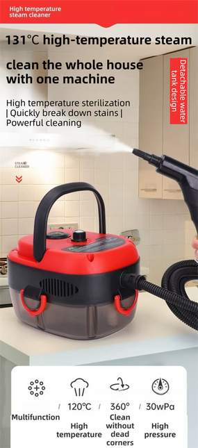 White Portable High-Pressure Steam Cleaner with 1000ml Tank & 7-Piece Pro Brushes/Spray Nozzle Kit - 131°C High-Temp Deep Cleaning Machine for Kitchen Grease and Home Sanitization.