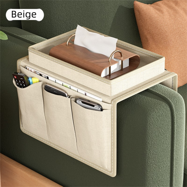 Beige Foldable  Sofa Armrest Organizer With 3-Zones - 20kg Load Capacity, Thickended Oxford Cloth Storage Bag for Dorms, Cars & Living Rooms.