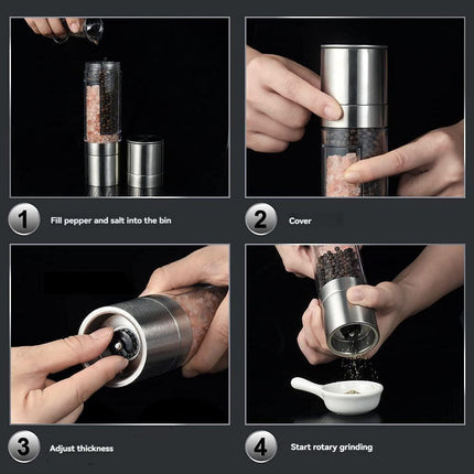 2 Pack 2-in-1 Stainless Steel Manual Spice Grinder Dual Head Salt and Pepper Mill with Adjustable Coarseness for Australian BBQ Kitchen and Travel.
