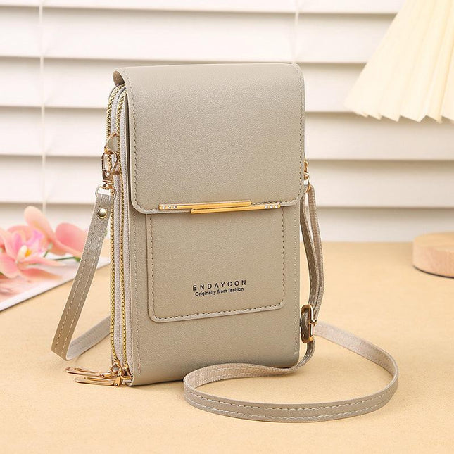 Grey Touch Screen Crossbody Phone Bag for Women Small Shoulder Purse with Dual Zippers and Card Slots Compact Travel Pouch Australian Lifestyle.