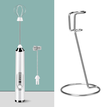 White Rechargeable Handheld Milk Frother and Electric Whisk Set 3 Speeds with 2 Stainless Steel Heads and Storage Stand Australian Home Barista Kit.