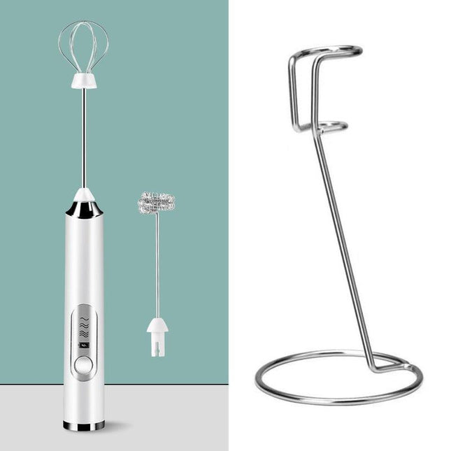 White Rechargeable Handheld Milk Frother and Electric Whisk Set 3 Speeds with 2 Stainless Steel Heads and Storage Stand Australian Home Barista Kit.