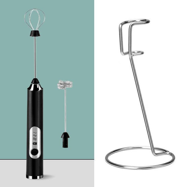 Black Rechargeable Handheld Milk Frother and Electric Whisk Set 3 Speeds with 2 Stainless Steel Heads and Storage Stand Australian Home Barista Kit.