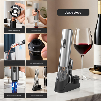 Electric Wine Opener Set 2-in-1 Rechargeable Automatic Corkscrew with Vacuum Seal Base Aerator Foil Cutter Professional Barware Australian Home Use.