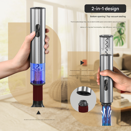 Electric Wine Opener Set 2-in-1 Rechargeable Automatic Corkscrew with Vacuum Seal Base Aerator Foil Cutter Professional Barware Australian Home Use.