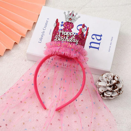 Rose red 2-Pack Tulle Crown Headbands with "Happy Birthday" Sparkle Design for Kids – Princess Party Hair Accessories.