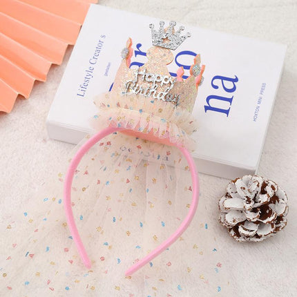 Beige with a pink hairband 2-Pack Tulle Crown Headbands with "Happy Birthday" Sparkle Design for Kids – Princess Party Hair Accessories.