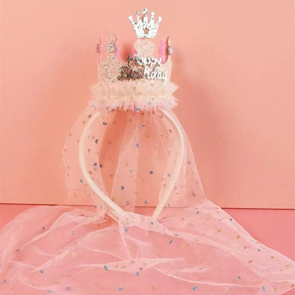 Beige 2-Pack Tulle Crown Headbands with "Happy Birthday" Sparkle Design for Kids – Princess Party Hair Accessories.