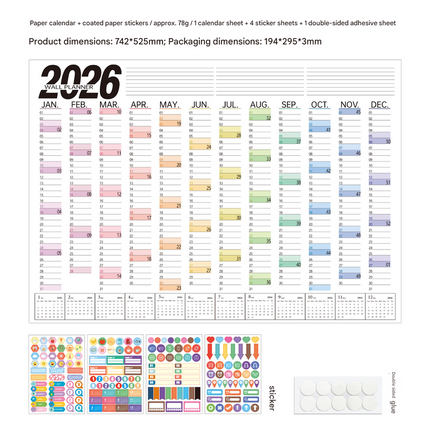 2026 Wall Planner Calendar with Stickers and Double-Sided Tape – 742 x 525 mm for Home, Office or Study in Australia.