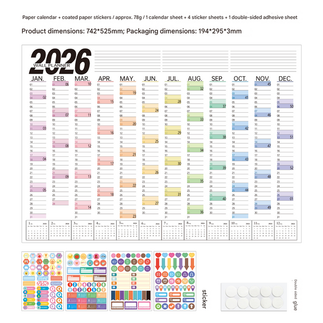 2026 Wall Planner Calendar with Stickers and Double-Sided Tape – 742 x 525 mm for Home, Office or Study in Australia.