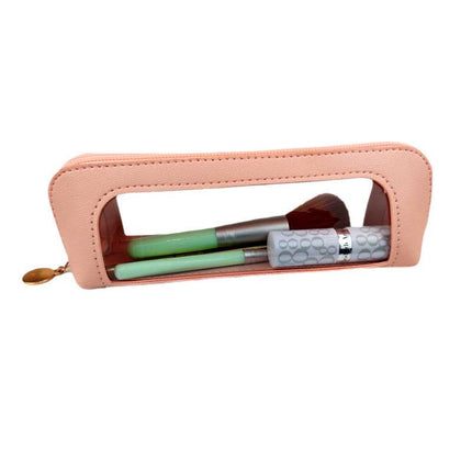 2-Pcs Pink Transparent Makeup Brush Case – Portable Zippered Cosmetic Pouch with Clear Window for Travel and Daily Use in Australia.
