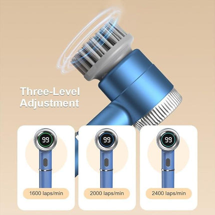 Blue Wireless Electric Cleaning Brush – Rechargeable, 3-Speed, IPX7 Waterproof with 5 Replaceable Brush Heads for Kitchen, Dishes & Deep Cleaning.