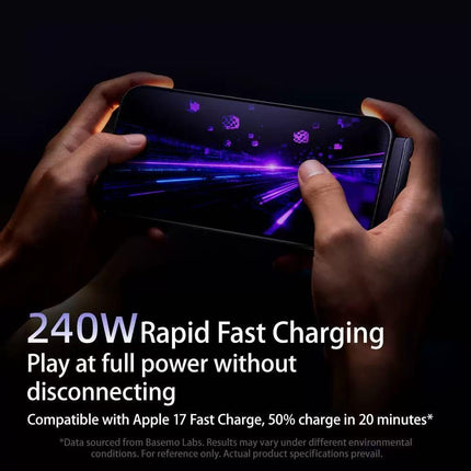 240W USB-C to USB-C Fast Charging Cable with Integrated Folding Phone Stand and 90 Degree Elbow for Mobile Gaming and Video Streaming.