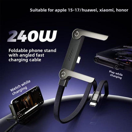 240W USB-C to USB-C Fast Charging Cable with Integrated Folding Phone Stand and 90 Degree Elbow for Mobile Gaming and Video Streaming.
