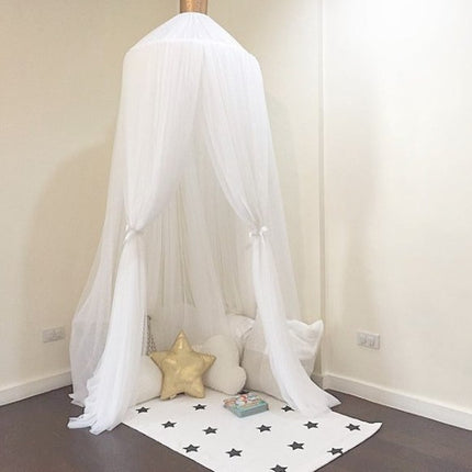 White Nordic Style 7-Layer Tulle Bed Canopy 300cm Extra Long 60cm Dome for Australian Kids Bedroom Nursery and Playroom Decor.