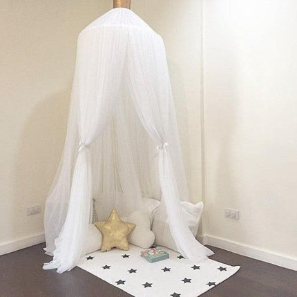 White Nordic Style 7-Layer Tulle Bed Canopy 300cm Extra Long 60cm Dome for Australian Kids Bedroom Nursery and Playroom Decor.