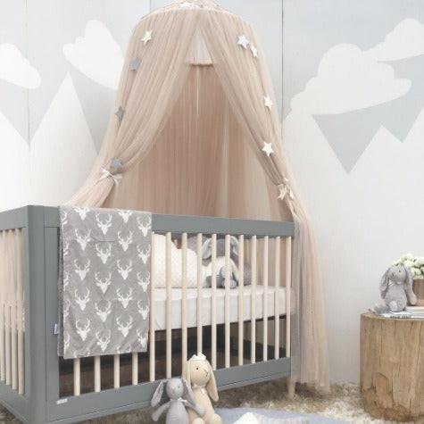 White Nordic Style 7-Layer Tulle Bed Canopy 300cm Extra Long 60cm Dome for Australian Kids Bedroom Nursery and Playroom Decor.