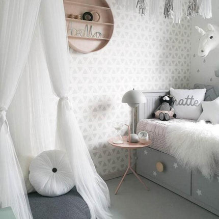 Grey Nordic Style 7-Layer Tulle Bed Canopy 300cm Extra Long 60cm Dome for Australian Kids Bedroom Nursery and Playroom Decor.