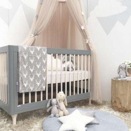Khaki Nordic Style 7-Layer Tulle Bed Canopy 300cm Extra Long 60cm Dome for Australian Kids Bedroom Nursery and Playroom Decor.