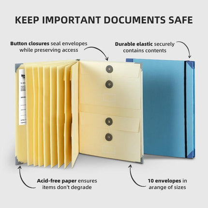 Khaki Important Document Organizer Folder with 10 Manila Envelopes and Acid-Free Paper for Home Office Estate Planning and Aussie Travel.