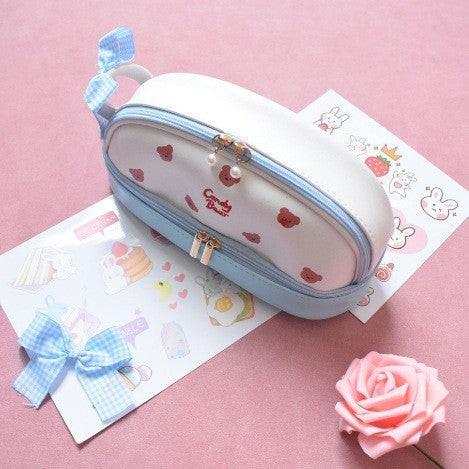 Blue Large Capacity Double Layer Pencil Case Waterproof PU Leather Stationery Organizer for Australian Students and Office Use High Capacity Makeup Bag.