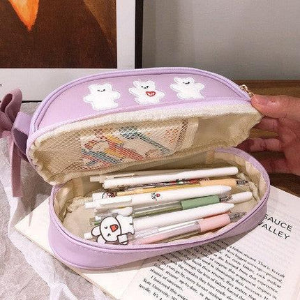 Purple Large Capacity Double Layer Pencil Case Waterproof PU Leather Stationery Organizer for Australian Students and Office Use High Capacity Makeup Bag.