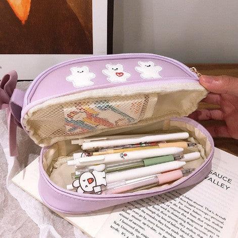 Purple Large Capacity Double Layer Pencil Case Waterproof PU Leather Stationery Organizer for Australian Students and Office Use High Capacity Makeup Bag.