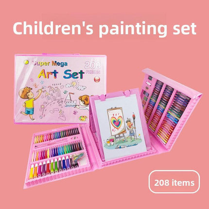 Pink 208-Piece Kids Art Set with Built-in Trifold Easel Drawing and Painting Kit for Students with Watercolor Pens Crayons and Pencils for Aussie Homes.