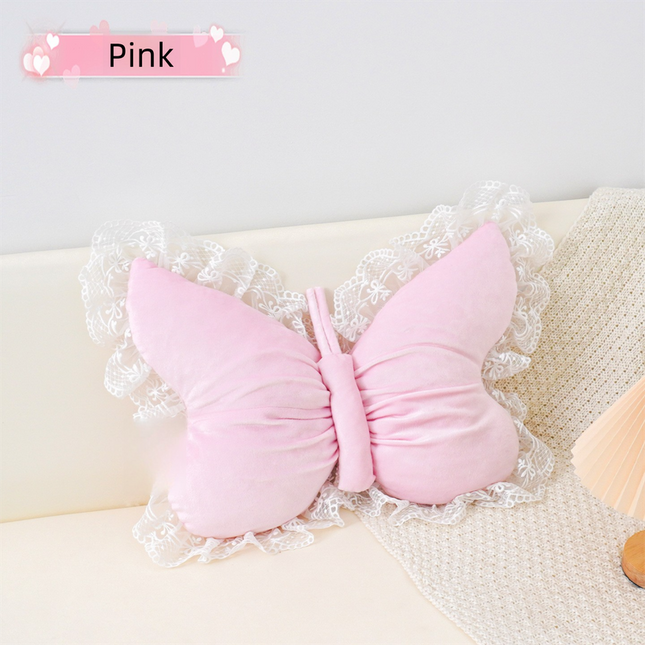 Pink Elegant Butterfly Lace Throw Pillow 60x45cm Soft Decorative Cushion for Sofa Bedroom Office and Car Comfort Backrest Accessory.