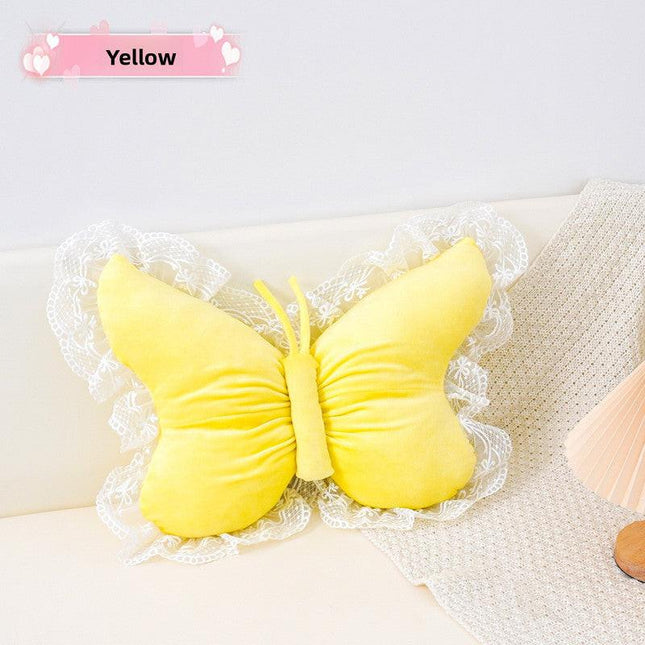 Yellow Elegant Butterfly Lace Throw Pillow 60x45cm Soft Decorative Cushion for Sofa Bedroom Office and Car Comfort Backrest Accessory.