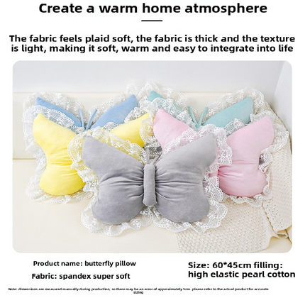 Yellow Elegant Butterfly Lace Throw Pillow 60x45cm Soft Decorative Cushion for Sofa Bedroom Office and Car Comfort Backrest Accessory.