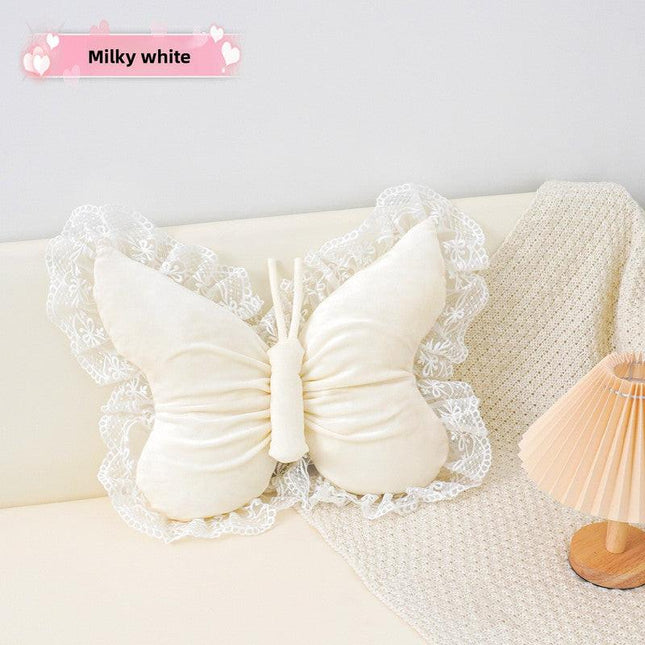 White Elegant Butterfly Lace Throw Pillow 60x45cm Soft Decorative Cushion for Sofa Bedroom Office and Car Comfort Backrest Accessory.