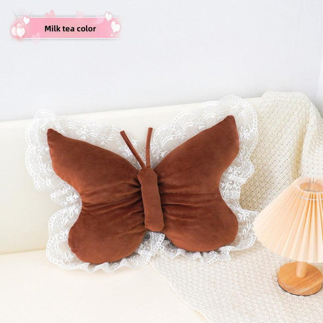 Brown Elegant Butterfly Lace Throw Pillow 60x45cm Soft Decorative Cushion for Sofa Bedroom Office and Car Comfort Backrest Accessory.
