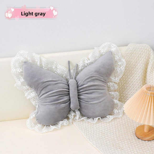 Grey Elegant Butterfly Lace Throw Pillow 60x45cm Soft Decorative Cushion for Sofa Bedroom Office and Car Comfort Backrest Accessory.