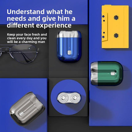 Silver Portable Mini Electric Shaver with Dual Floating Heads IPX6 Waterproof Rechargeable Travel Razor for Men for Grooming and Business Trips.