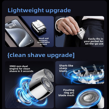 Silver Mini Electric Shaver with Dual Floating Heads Magnetic Suction and IPX5 Waterproofing for Men Travel Grooming Compact Rechargeable Razor AU Stock.