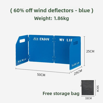 Blue Heavy-Duty 4-Fold Camping Stove Windshield Portable Steel Wind Deflector for Outdoor Cooking and Picnics with Storage Bag.
