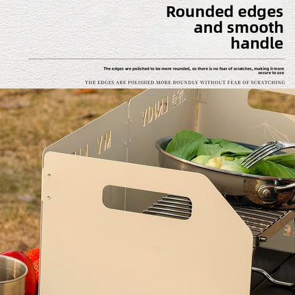 Blue Heavy-Duty 4-Fold Camping Stove Windshield Portable Steel Wind Deflector for Outdoor Cooking and Picnics with Storage Bag.